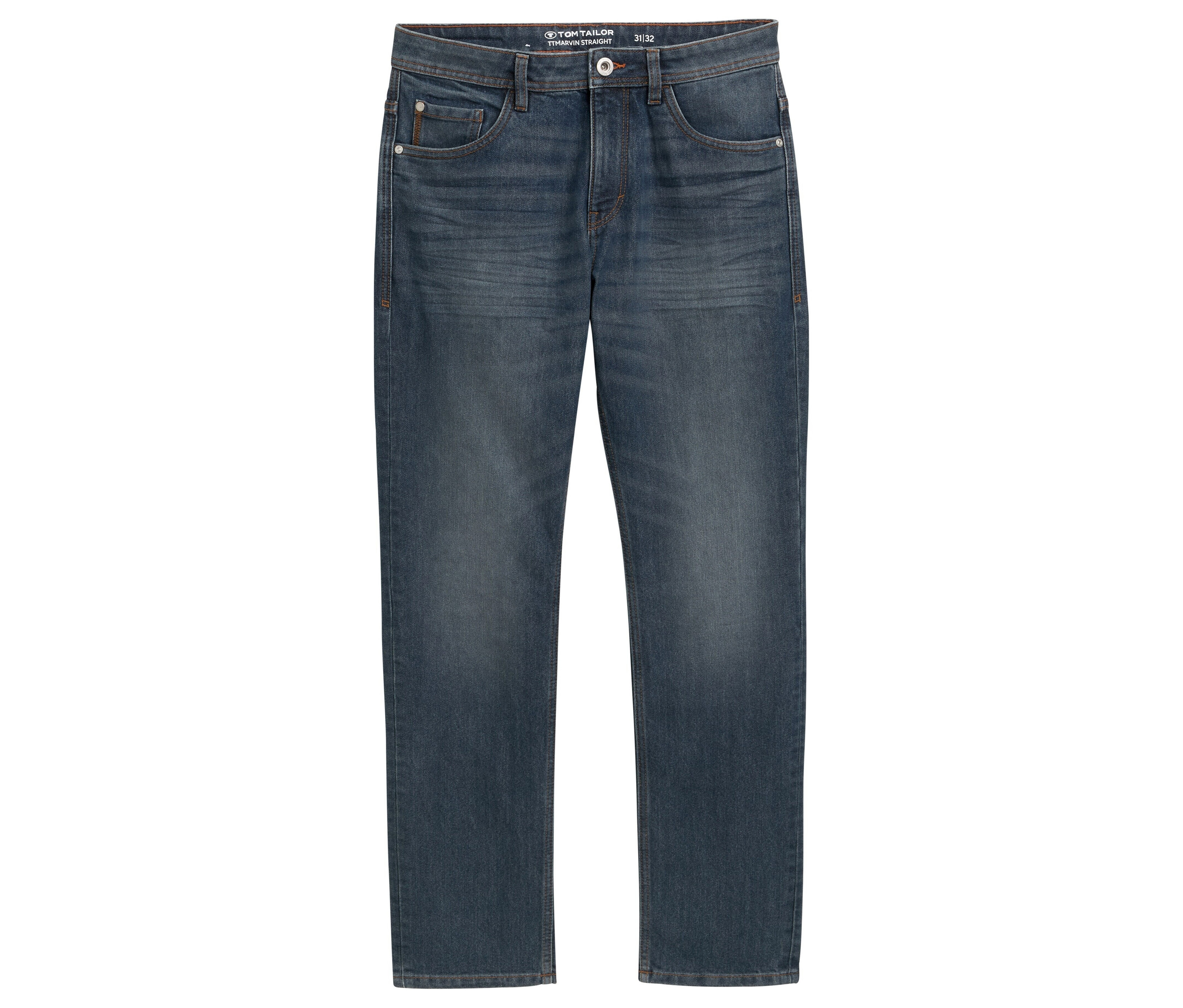 Tom Tailor TT MARVIN STRAIGHT Jeans mit Stretch, Mid Stone Blue Grey Denim, ležia na bielom pozadí.