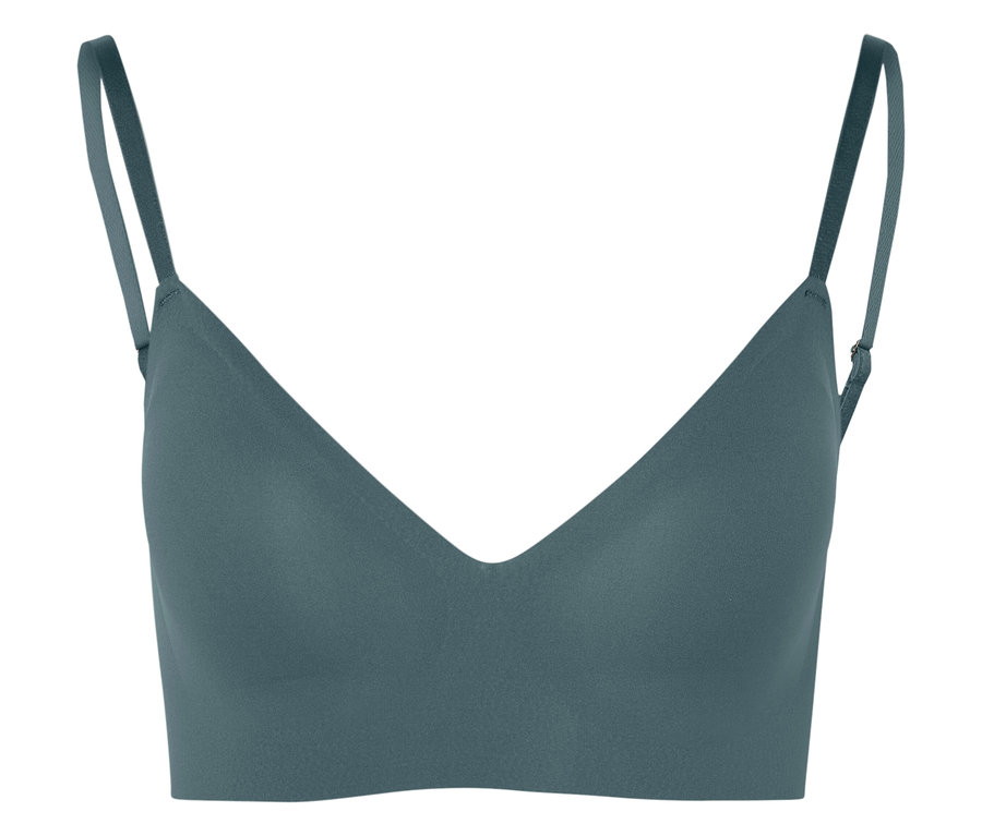 Detailný záber tyrkysovej podprsenky so špagetovými ramienkami.