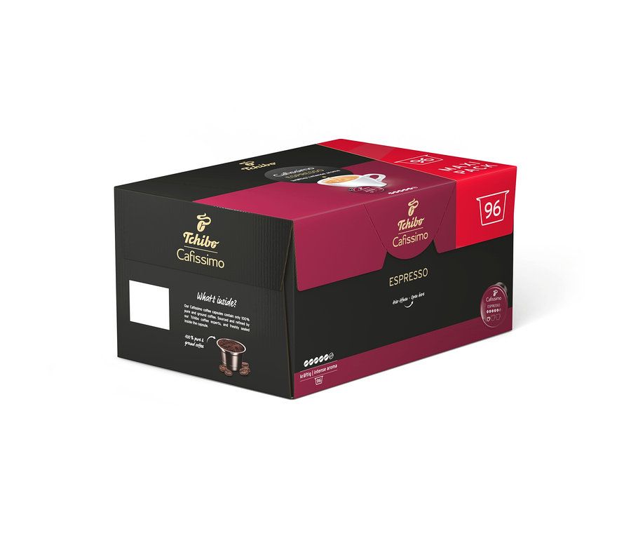 Čierno-bordové balenie kávových kapsúl Tchibo Cafissimo Espresso s 96 kapsulami, s indikátorom sily a šálkou kávy.