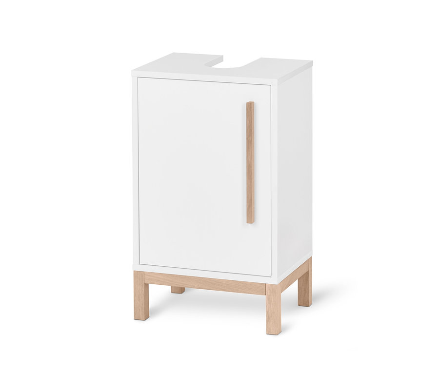 Biela malá skrinka pod umývadlo »Eklund« s drevenou rúčkou a nožičkami.