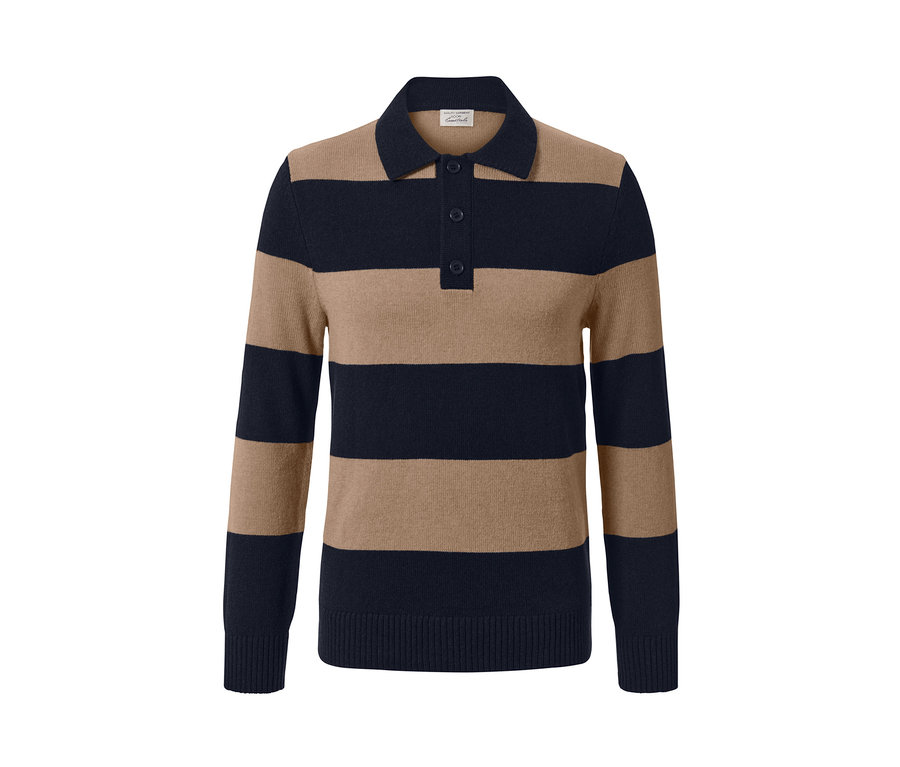 Pruhovaný kašmírový pulóver s golierom a gombíkmi.