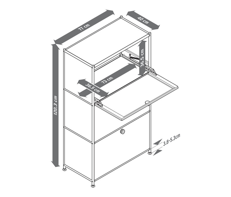 Nákres kovového regálu »CN3« s 3 sekretárovými výklopnými priehradkami a rozmermi.