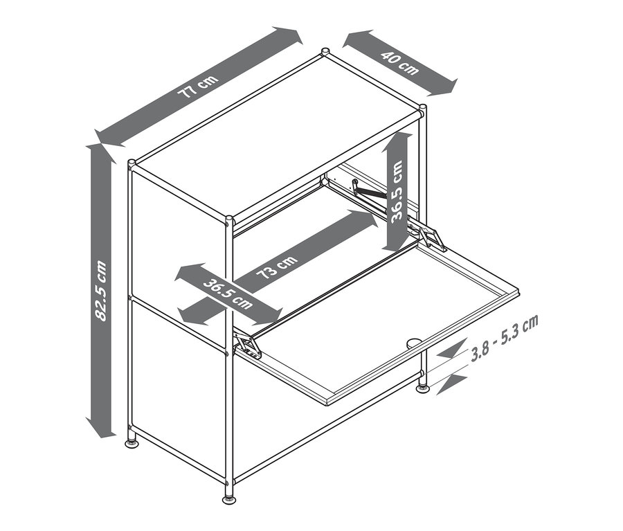 Nízka kovová odkladacia skrinka »CN3« s výklopnými priehradkami a rozmermi.