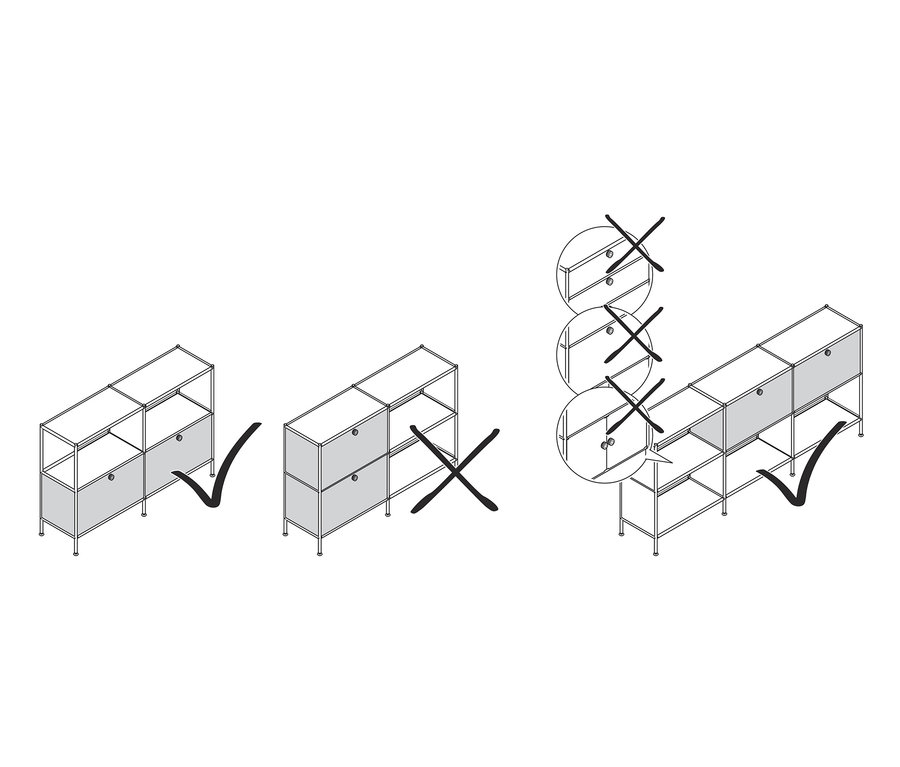 Nákres znázorňuje kovové skrinky s výklopnými dvierkami. Niektoré skrinky majú sivé dvierka a sú označené zelenou fajkou, iné majú dvierka a sú označené červeným krížikom.