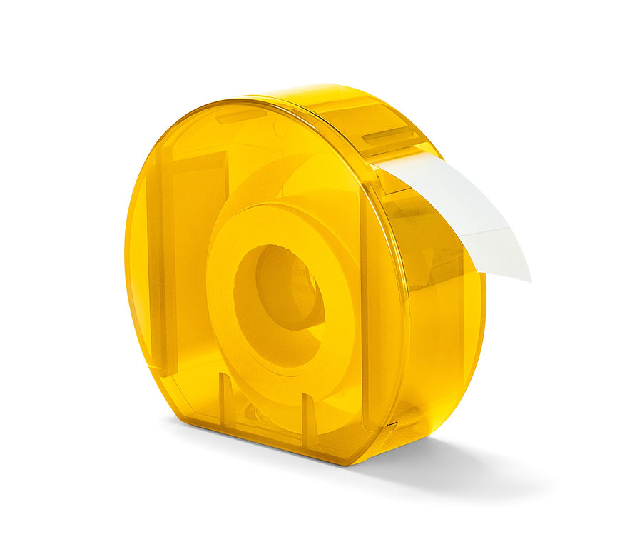 Žltý zásobník na etikety s bielou etiketou.