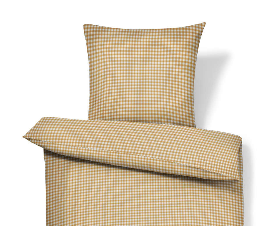 Béžové kárované posteľné obliečky renforcé štandardnej veľkosti s vankúšom a prikrývkou.