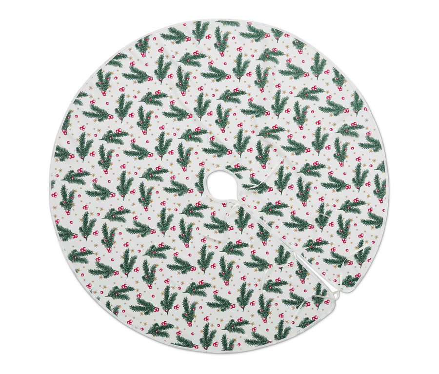 Okrúhla deka pod vianočný stromček s potlačou vetvičiek a bobúľ.