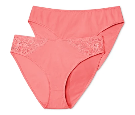 Dvoje nohavičiek v papájovej farbe.