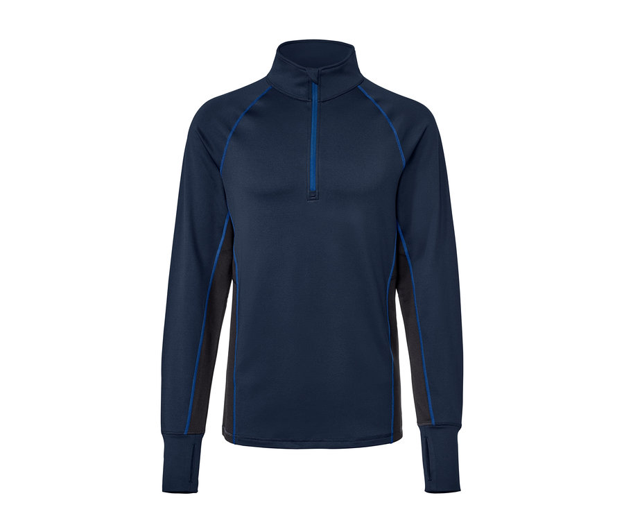 Tmavo modré funkčné tričko s dlhým rukávom a zipsom.