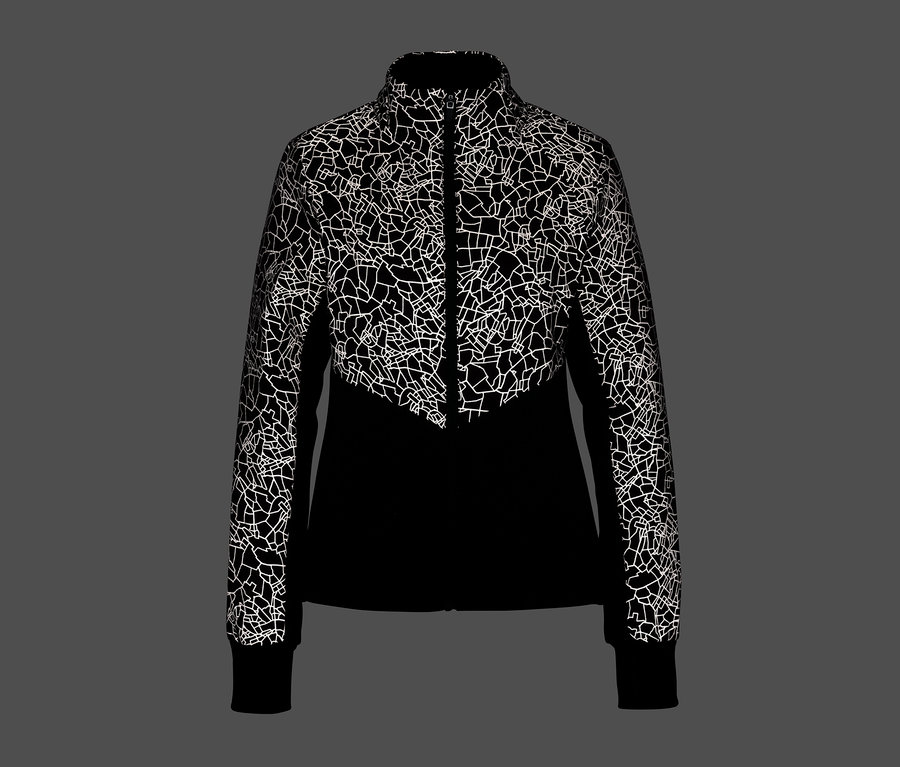 Čierna termobunda s reflexným bielym geometrickým vzorom.