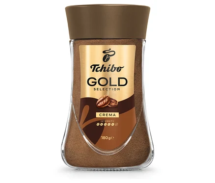 Sklenená nádoba instantnej kávy Tchibo Gold Selection.
