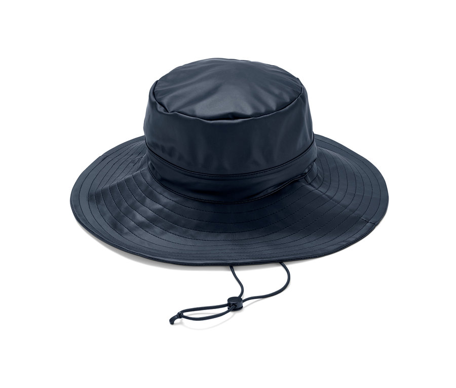 Tmavomodrý unisex klobúk do dažďa.