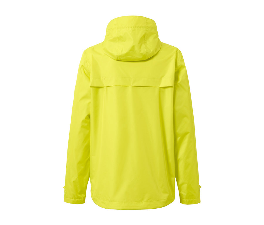 Pohľad zozadu na unisex bundu do dažďa limetkovej farby.