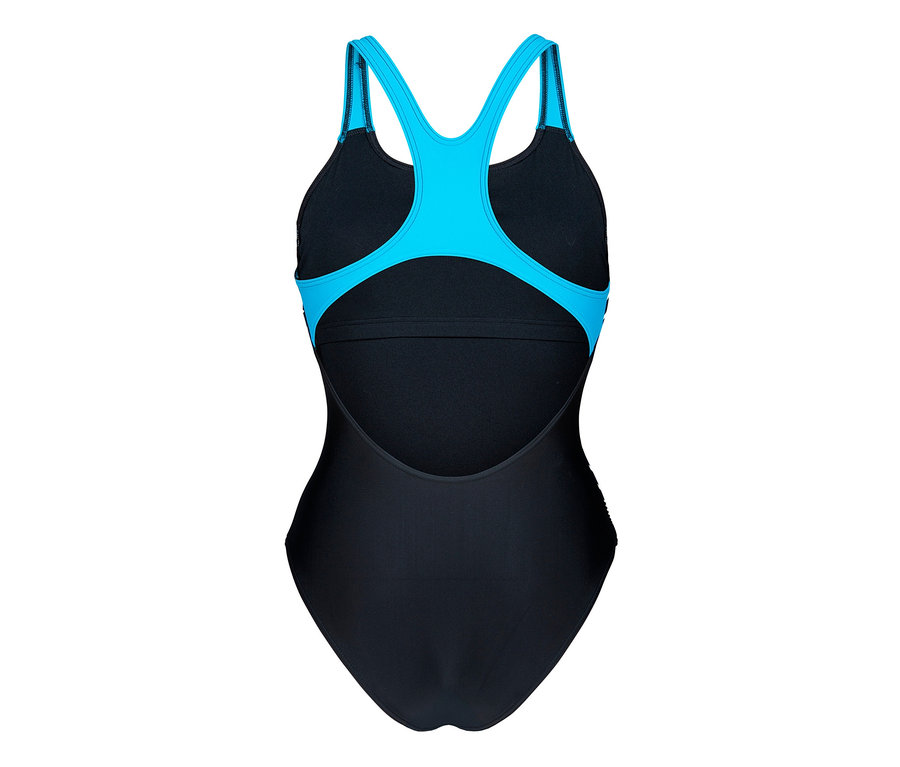 Detailný pohľad zozadu na dámske plavky s podprsenkou arena Feel Lily Swim Pro Back Bustier v čierno-tyrkysovej farbe.