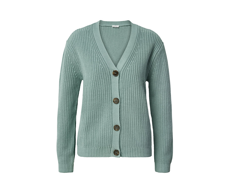 Šalviový kardigán z hrubej pleteniny s gombíkmi.