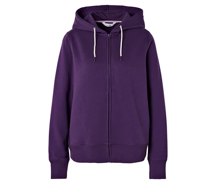 Fialová mikina s kapucňou na zips.