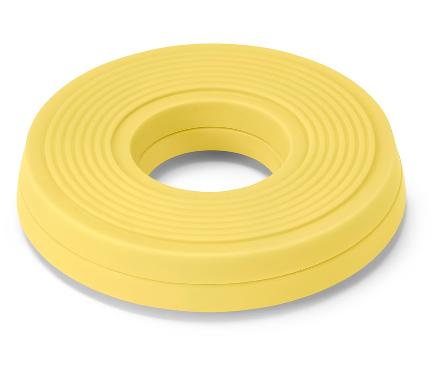 Žltý kruh s dierou v strede.