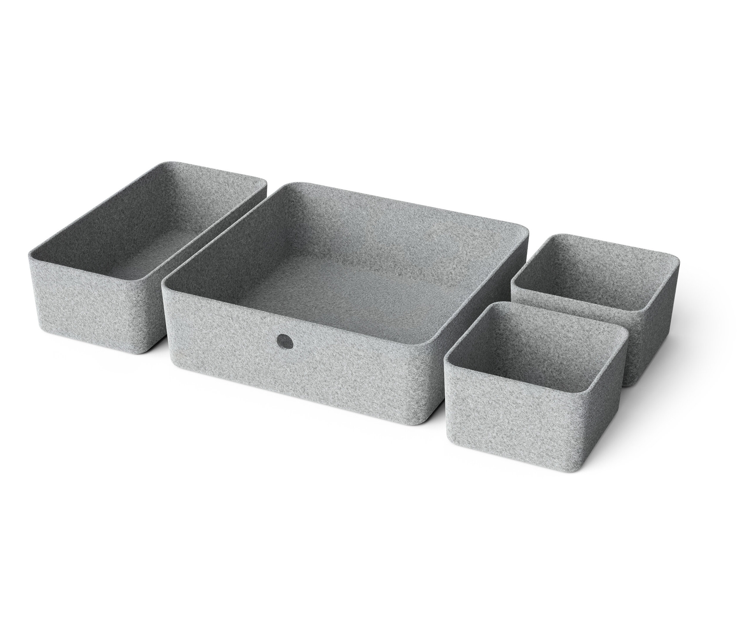 Štyri sivé úložné boxy rôznych veľkostí usporiadané na bielom pozadí.