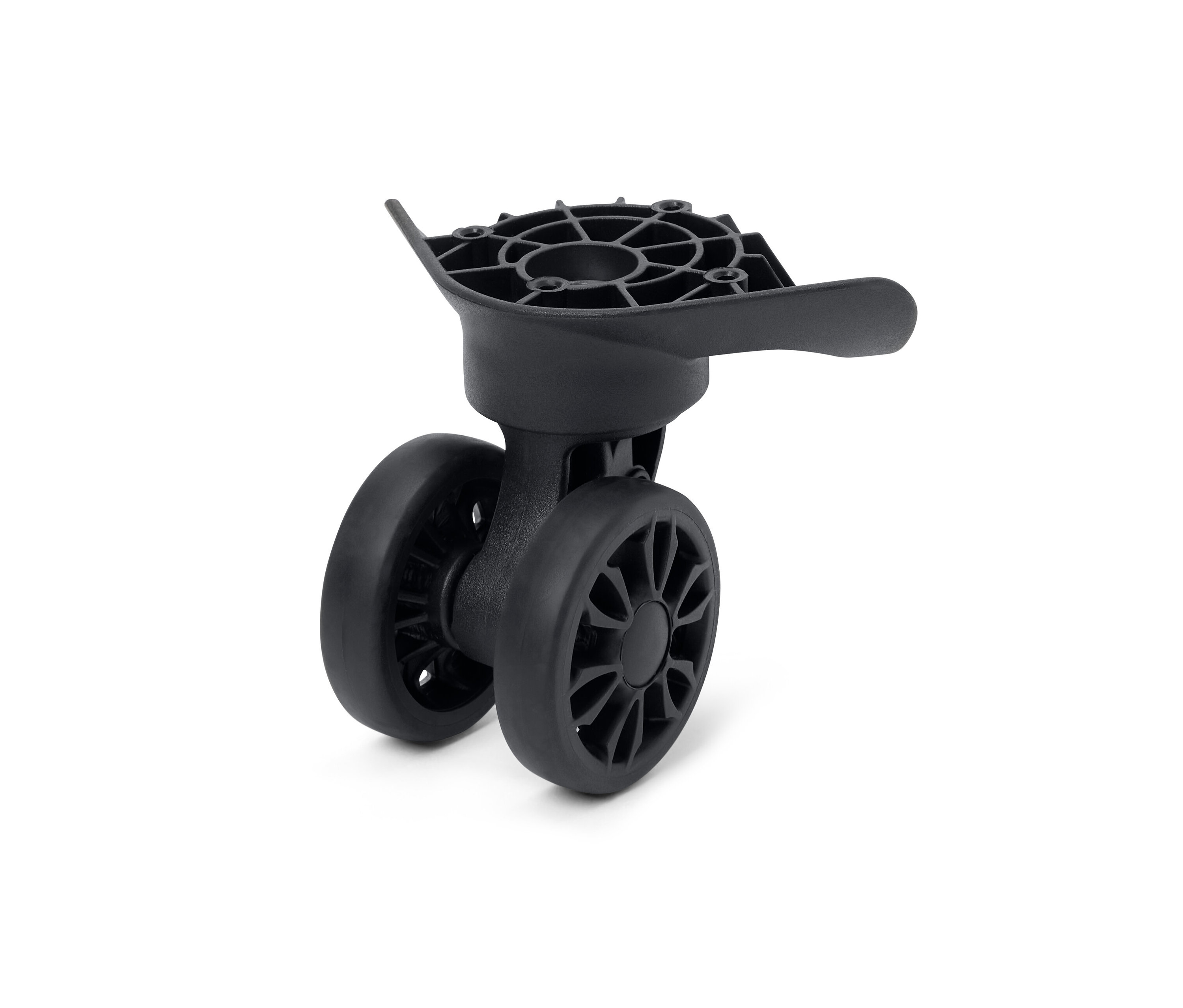 Detailný záber čiernych náhradných koliesok pre kufor s tvrdou škrupinou.