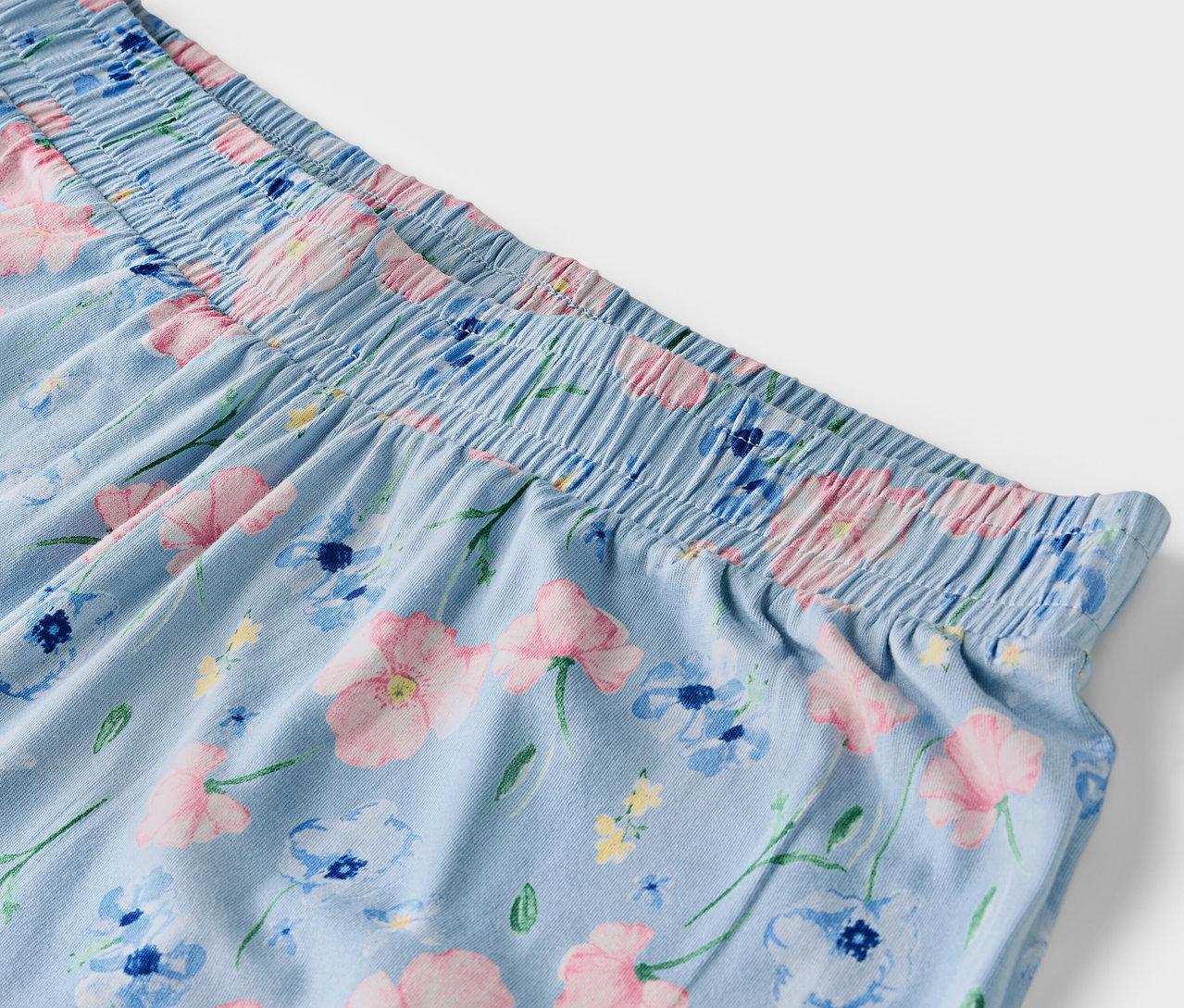 Detail svetlomodrých nohavíc s kvetinovým vzorom a elastickým pásom.