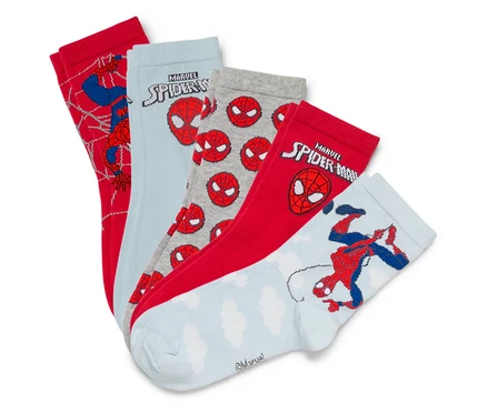 Päť párov ponožiek s motívom Spidermana v rôznych farbách a dizajnoch.
