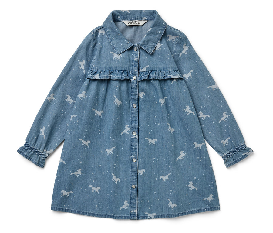 Modré džínsové šaty s potlačou koní, dlhými rukávmi a volánom.