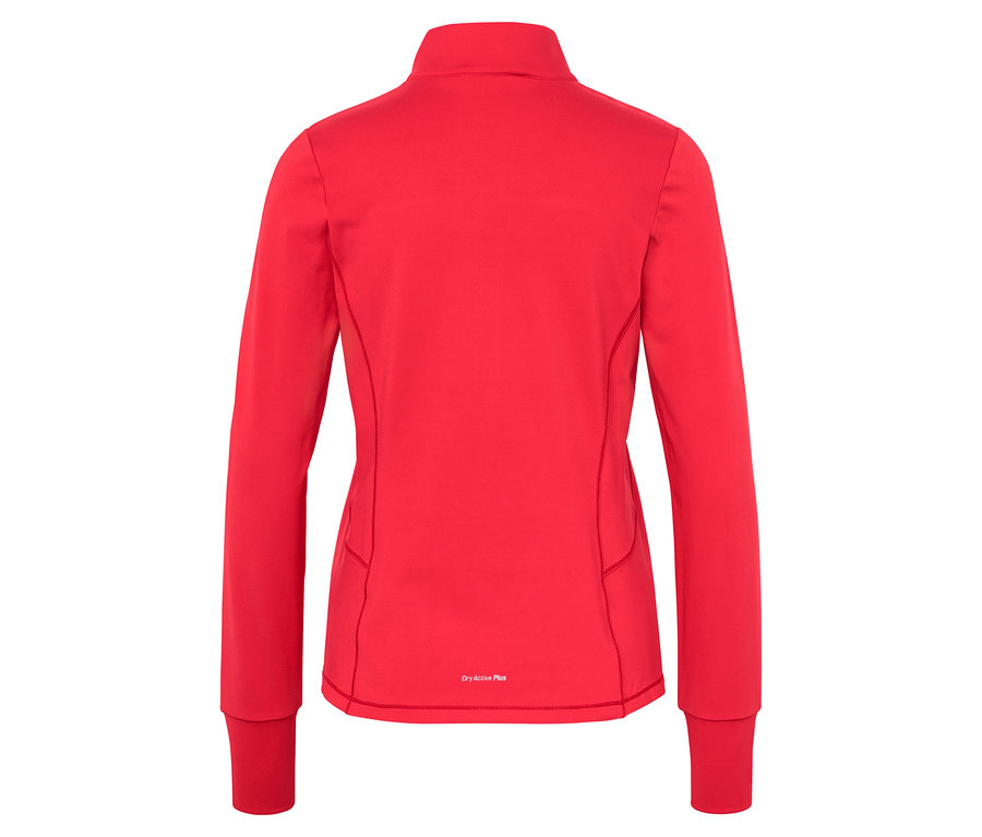 Pohľad zozadu na červenú bundu s dlhým rukávom na zips.