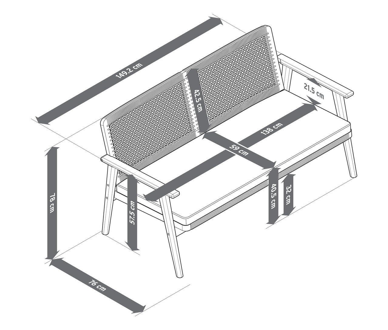 Pohľad zhora na nákres záhradnej pohovky s rozmermi šírky a výšky.