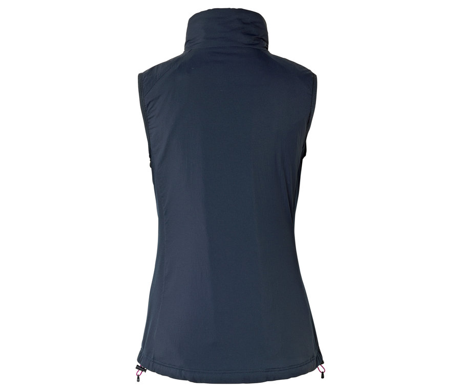 Pohľad zozadu na tmavomodrú vestu so stojačikom.