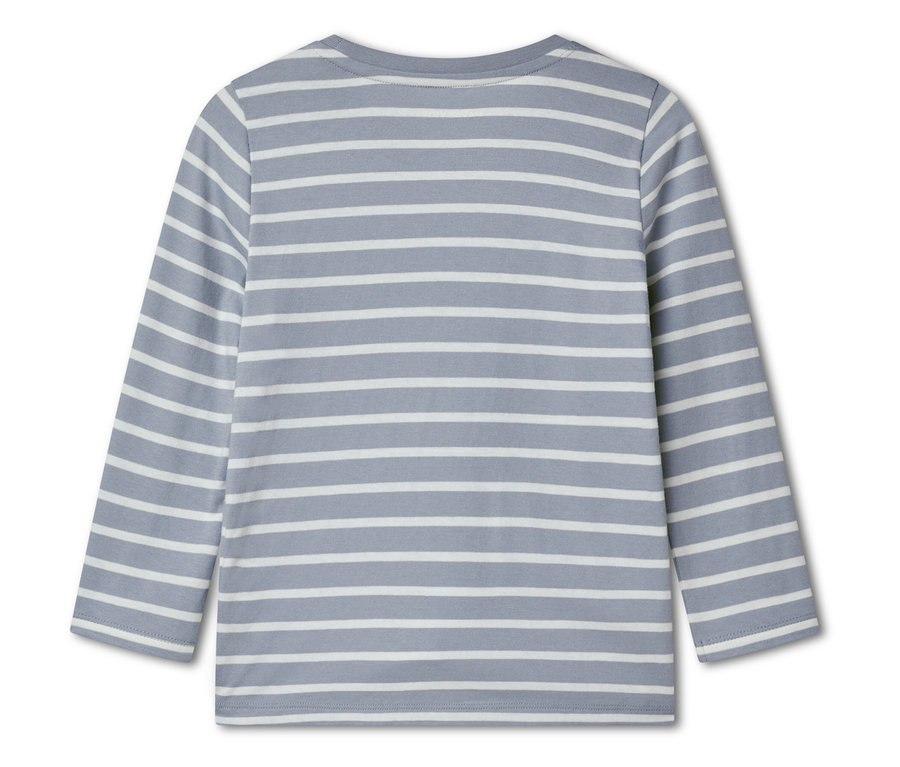 Pohľad zozadu na šedo-biele tričko s dlhým rukávom s pruhmi.