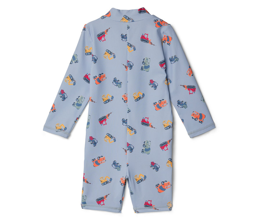 Svetlomodré plavky s potlačou bagrov a nákladných áut.