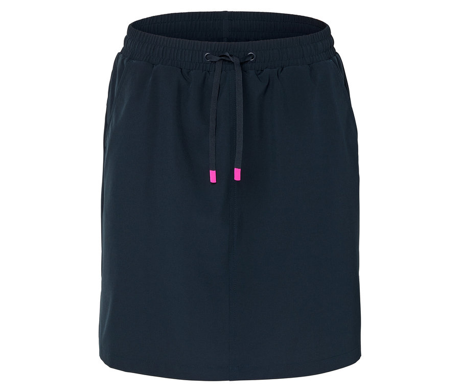 Tmavo modrá sukňa so šnúrkou a ružovými detailmi.
