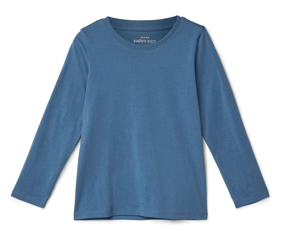 Modré tričko s dlhým rukávom leží na bielom pozadí.