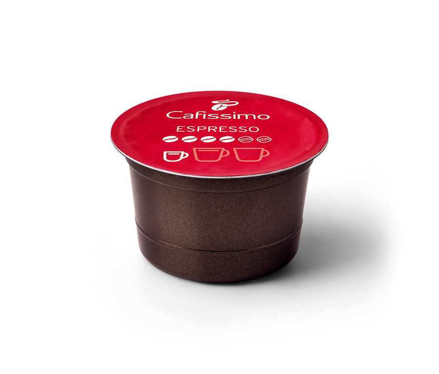 Jedna kapsula Cafissimo Espresso elegantné s červeným viečkom.