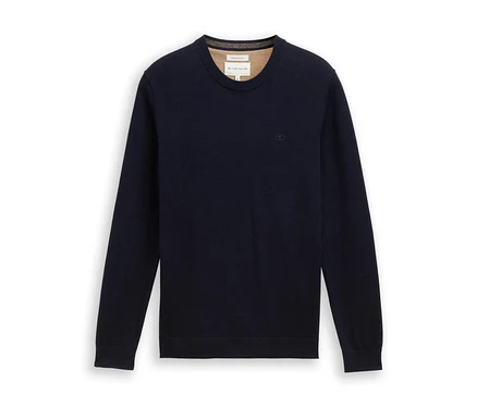 Námornícky modrý pletený pulóver Tom Tailor, Knitted Navy Melange, s malým logom na hrudi a kontrastným hnedým vnútorným golierom, na bielom pozadí.