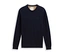 Námornícky modrý pletený pulóver Tom Tailor, Knitted Navy Melange, s malým logom na hrudi a kontrastným hnedým vnútorným golierom, na bielom pozadí.
