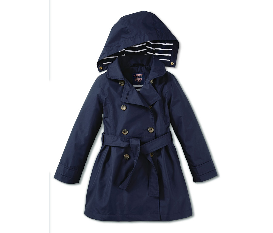 Tmavomodrý trenčkot do každého počasia s kapucňou a opaskom.