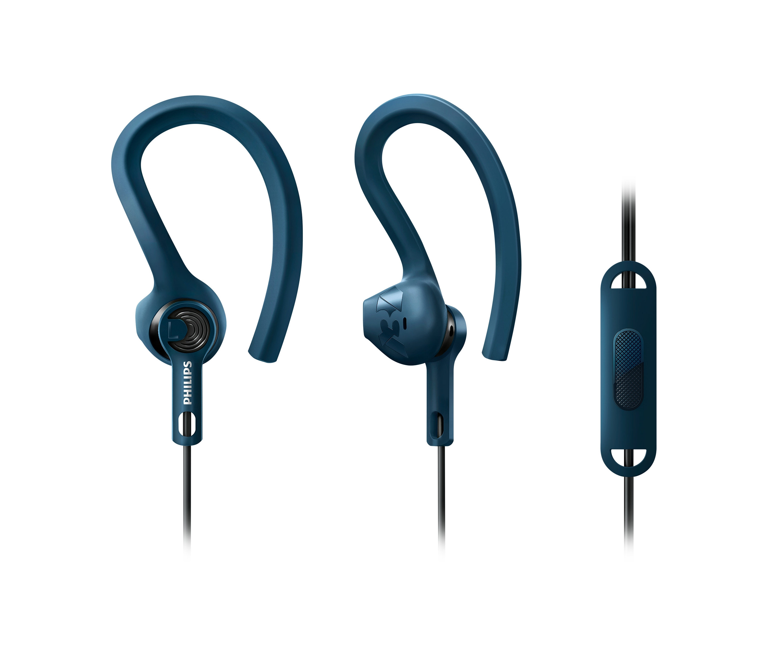 Detailný záber na modré športové slúchadlá Philips »ActionFit«.