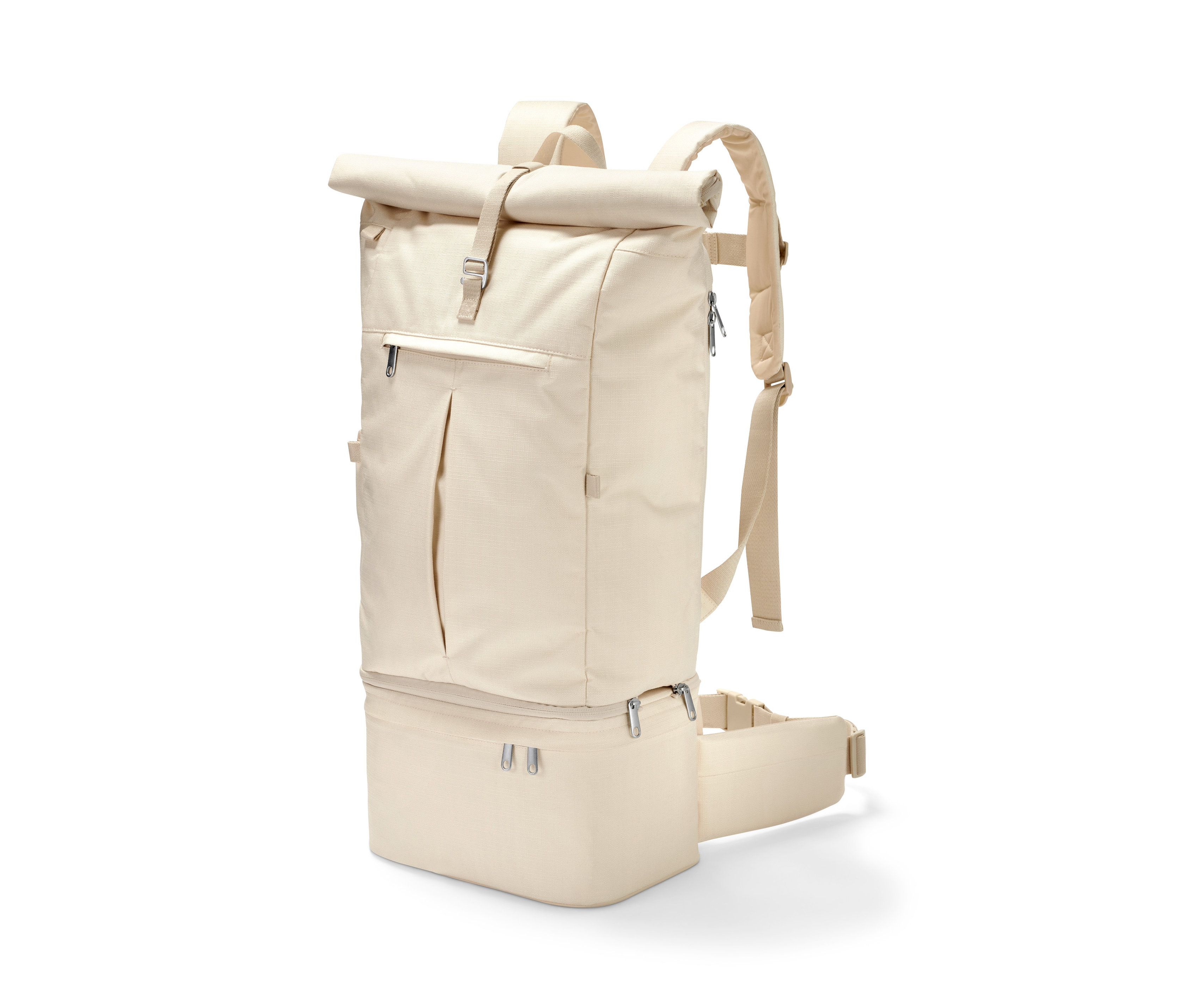 Béžový cestovný ruksak 3 v 1 na bielom pozadí.