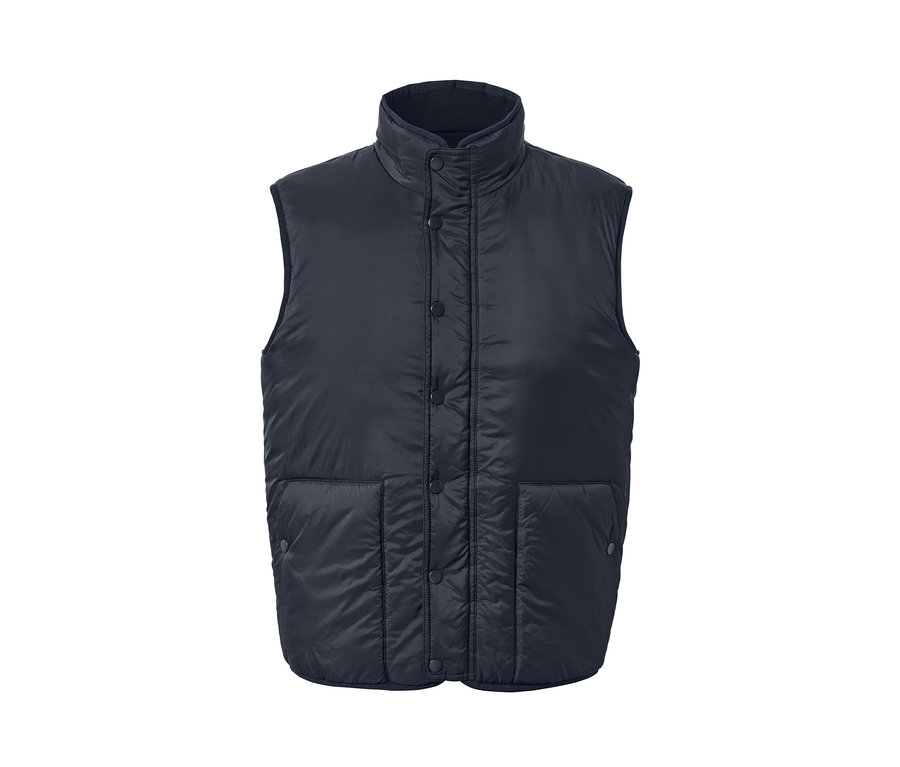 Tmavomodrá obojstranná vesta s gombíkmi a vreckami.