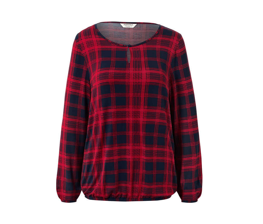 Červeno-modré kárované blúzkové tričko s dlhými rukávmi.