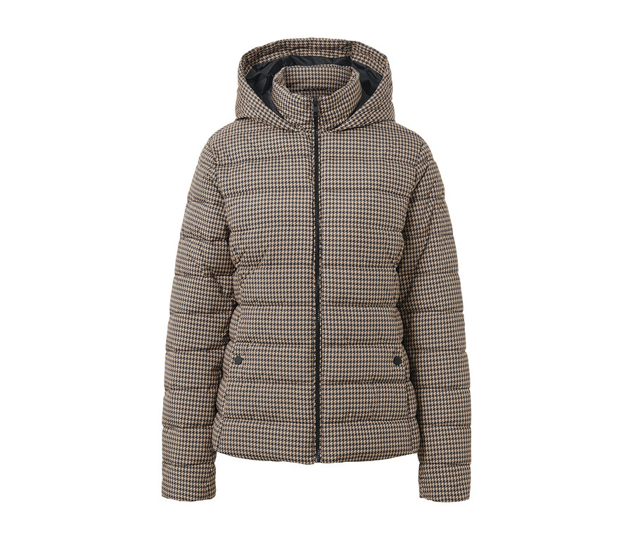 Prešívaná bunda s kapucňou a potlačou kohútej stopy.