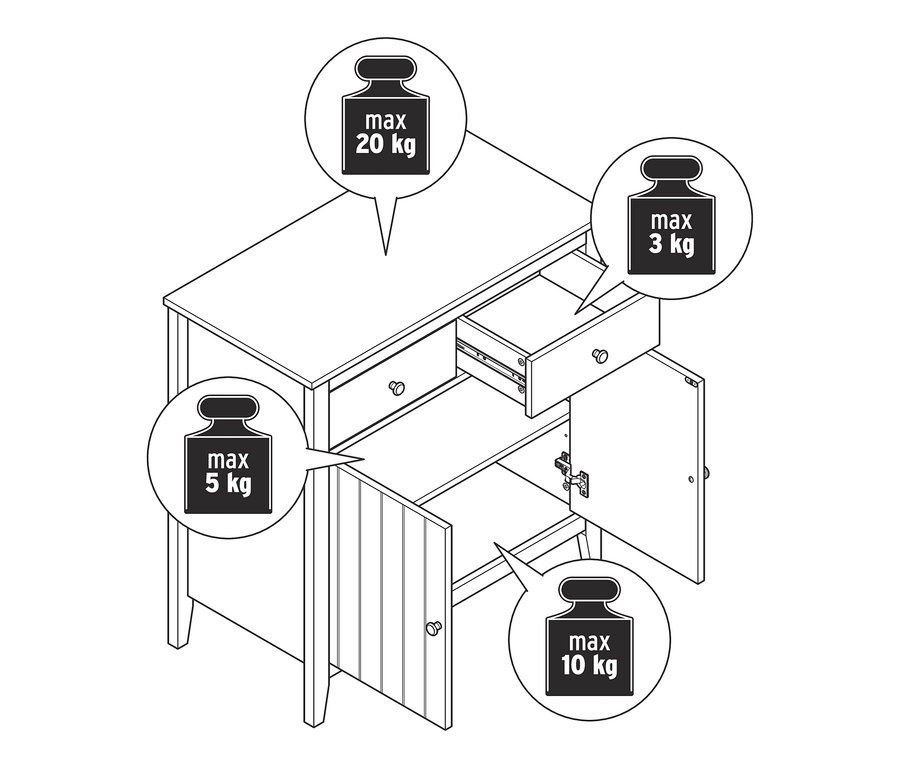 Náčrt odkladacej skrinky s otvorenými dvierkami a zásuvkou.