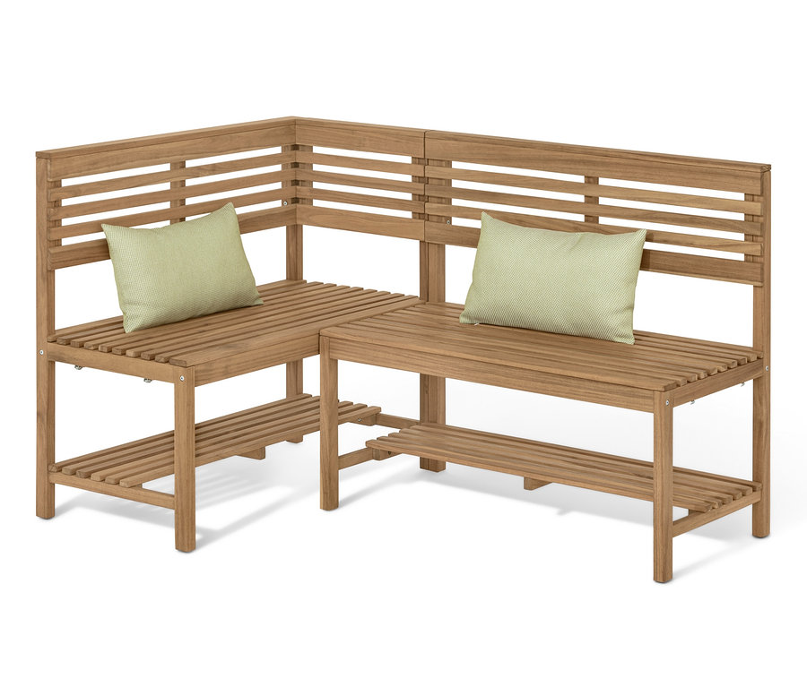 Rohová jedálenská lavica »Lenja« z hnedého dreva s dvoma svetlozelenými vankúšmi.