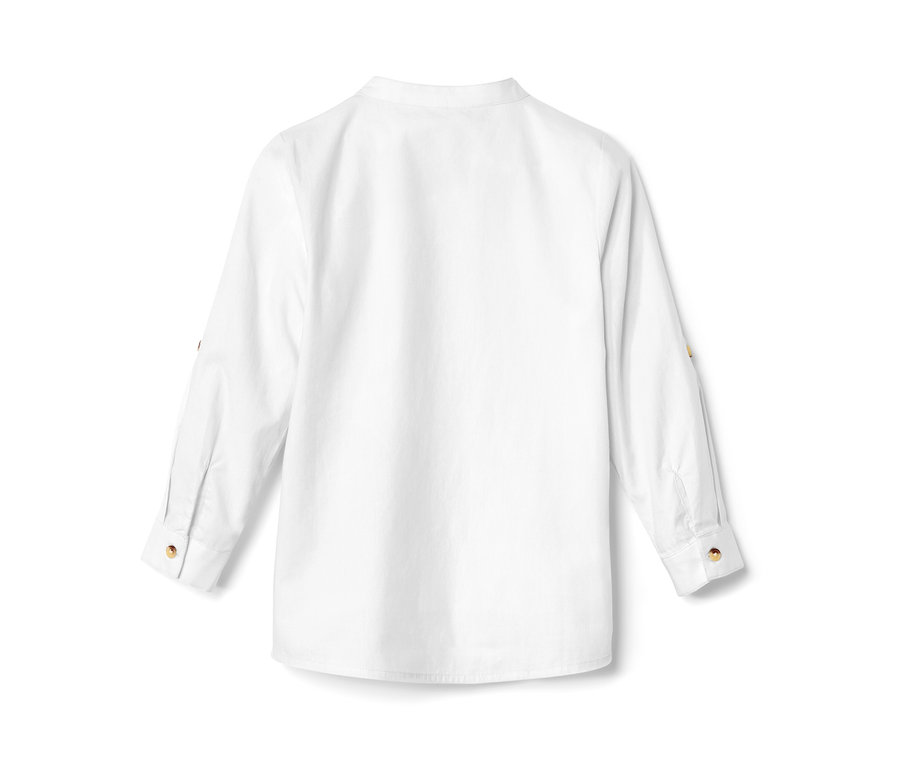 Biela detská oxfordská košeľa s dlhými rukávmi a gombíkmi.