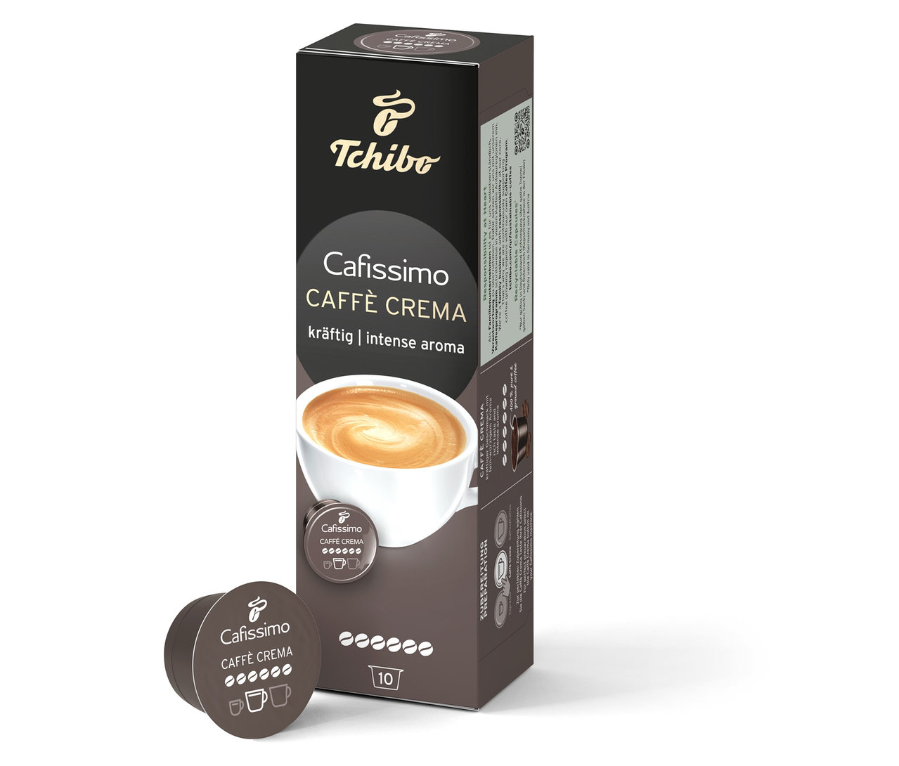 Balenie Cafissimo Caffè Crema silná s 10 kapsulami vedľa jednej kapsuly. Na obale je šálka kávy.