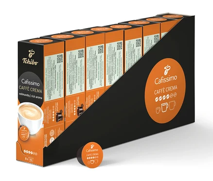 V čiernom držiaku je zoradených niekoľko balení Caffè Crema vollmundig - 80 kapsúl.