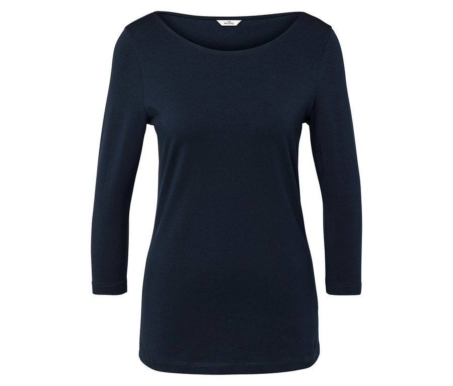 Tmavomodré tričko s dlhými rukávmi a okrúhlym výstrihom na bielom pozadí.