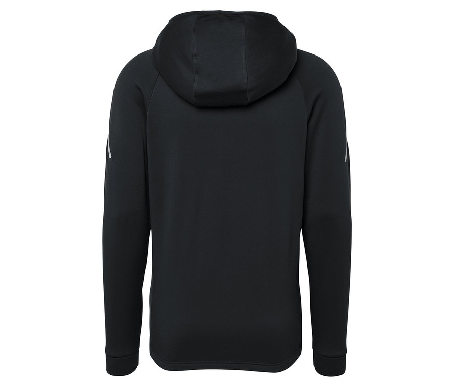 Pohľad zozadu na čiernu mikinu s kapucňou a dlhými rukávmi.