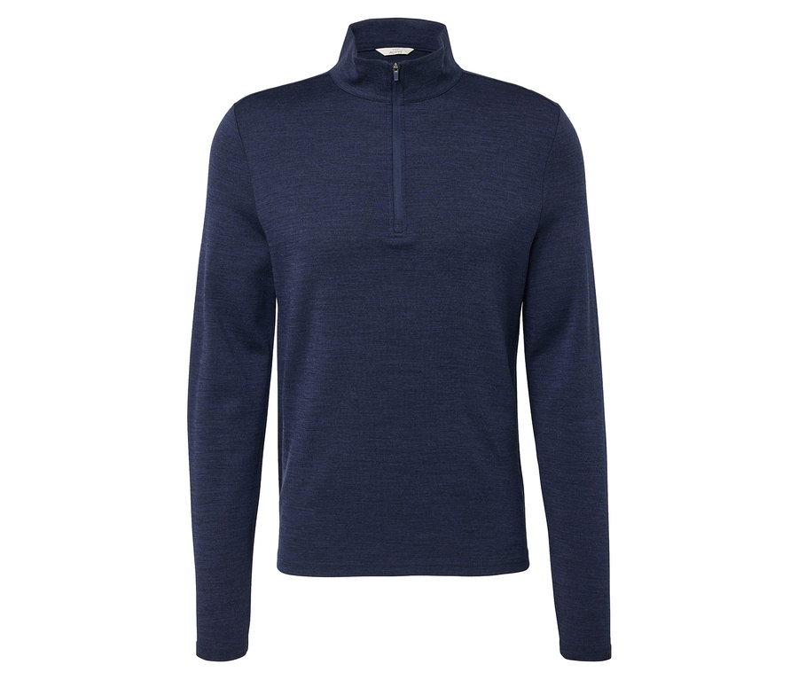 Tmavo modré funkčné tričko s vlnou certifikovanou podľa RWS s krátkym zipsom.